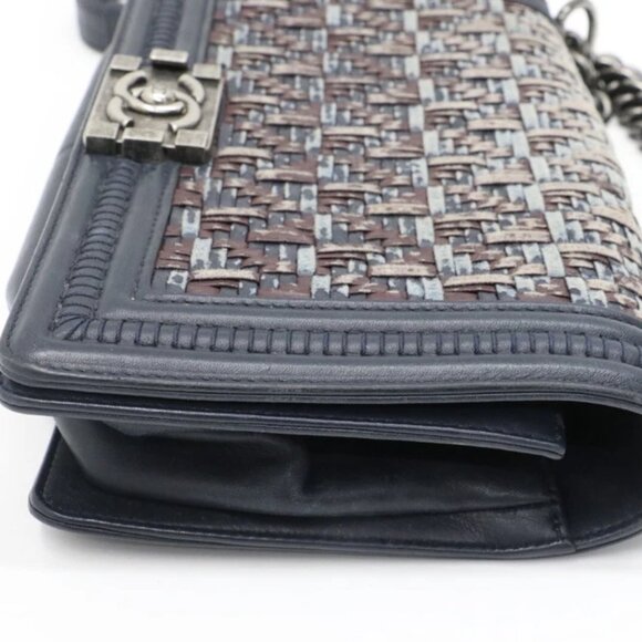 Chanel Medium Woven Boy Flap Bag Blue Dark Calf Leather Crossbody - Picture 7 of 14